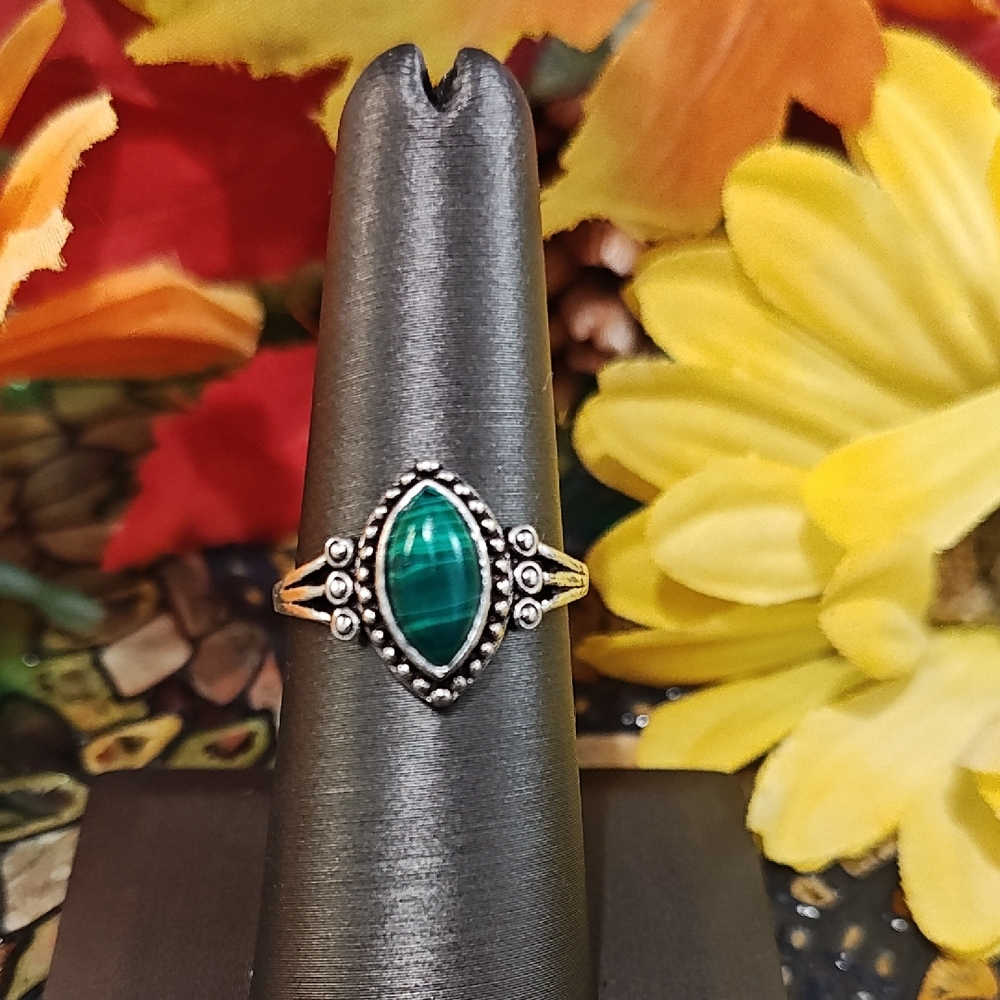Malachite Silver Plated Ring - Size 6 3/4